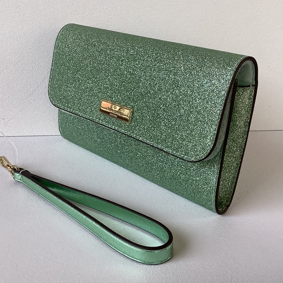 Kate Spade Kenzie Boxed Glitter Medium Flap Phone Wristlet Seawater Ocean KJ007 - Picture 3 of 6
